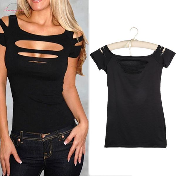 

fashion summer style ripped slashed black tight t shirt o neck women clubwear cut out tee club punk shirts, White