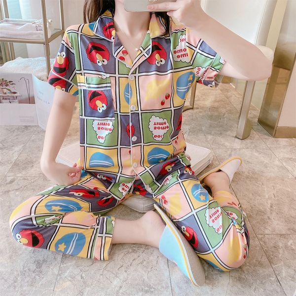 

i73hx autumn cardigan pajamas women's short-sleeved trousers large size sesame street milk silk milk silk clothing home clothes home cl, Blue;red
