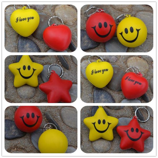 

20 pcs soft pu foam smiling face keychain balls keyring emoticon keyfob five-pointed star key chain heart shape squishy toy key ring, Slivery;golden