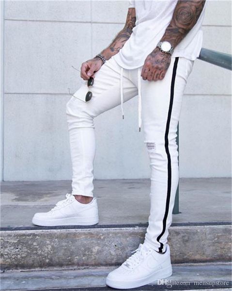 

mens new ripped jeans spring autumn fashion street striped pencil pants fashion jean, Blue