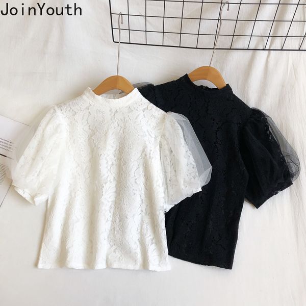 

joinyouth 2020 sweet solid lace shirts patchwork korean chic women and blouses short sleeve short all match blusas j586, White