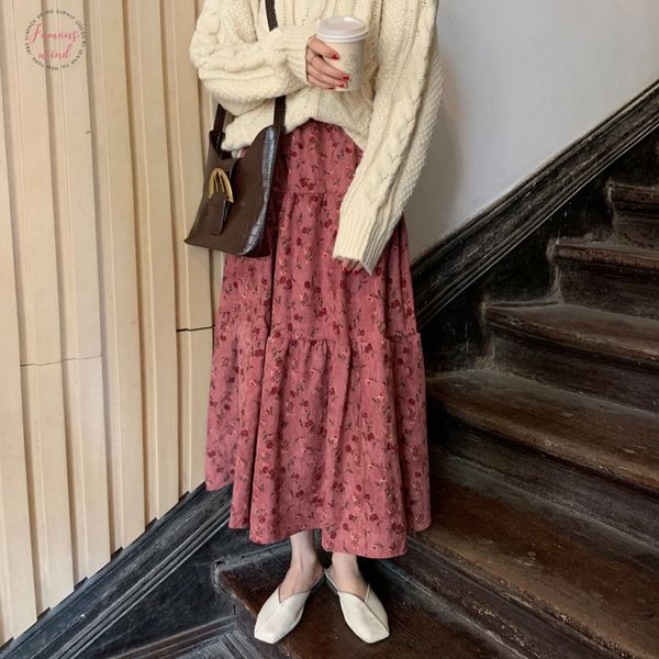 

vintage floral print pleated corduroy skirt women elastic high waist skirts spring autumn 2020 elegant female bottom, Black