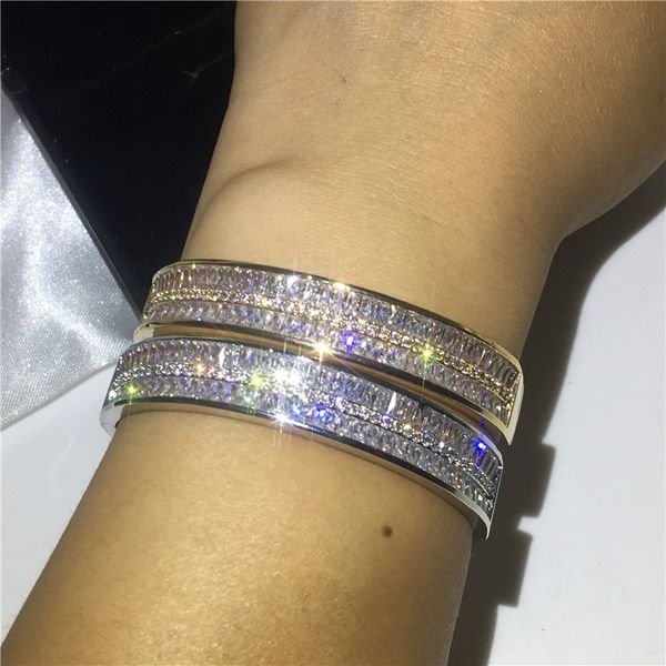 Choucong Sparkling Shinning Luxury Jewelry 10KT White Gold Fill Duplo Princesa Cut Branco Topaz partido diamante CZ Mulheres casamento nupcial Bangle