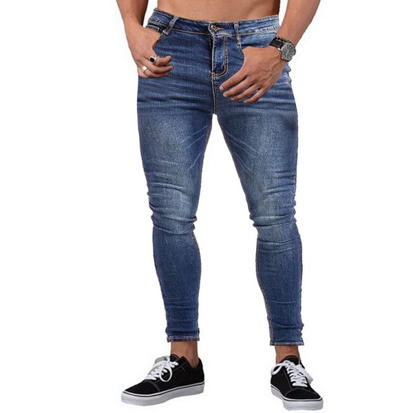 

men washed jeans vintage denim pant slim fit stretchy mens jeans male casual pencil trouser solid pantalones hombre pocket, Blue