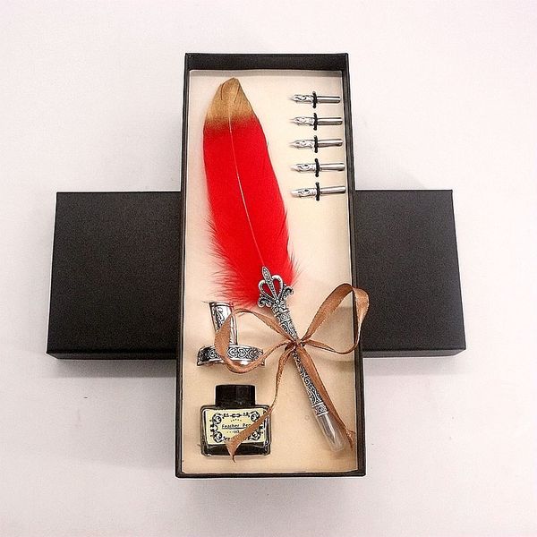 

european crown rod feather pen student writing stationery set black gift box stainless steel nib metal texture pen body