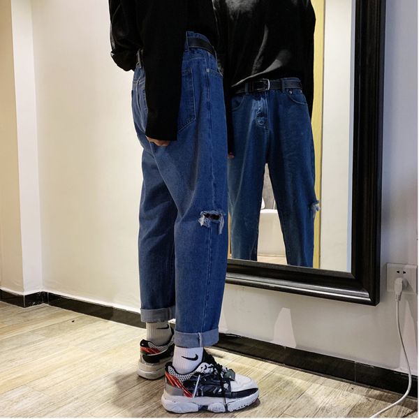 

2019 spring and summer new korean version of the trend of simple couple casual cotton straight hole jeans hip hop streetwear, Blue