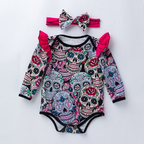 

2019 girls halloween costume baby girls long sleeve halloween cartoon skull romper jumpsuit headband girls boutique outfits, Blue