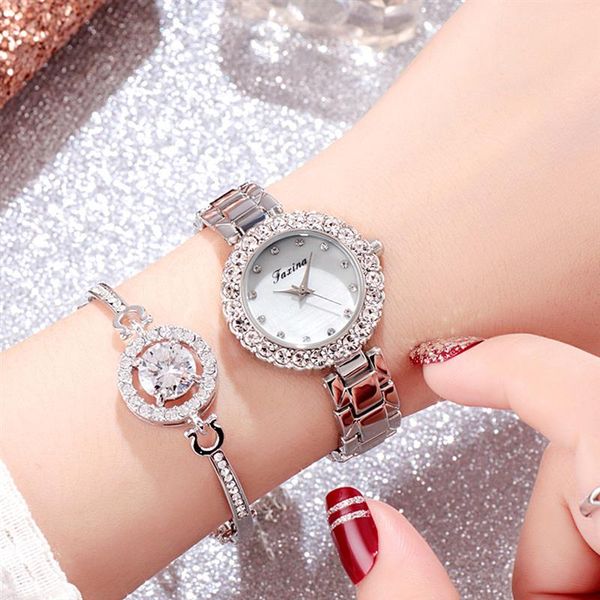 

2pcs/set fashion women watches rhinestone meteorite luxury watches women gold bracelet watch female quartz wristwatches, Slivery;brown