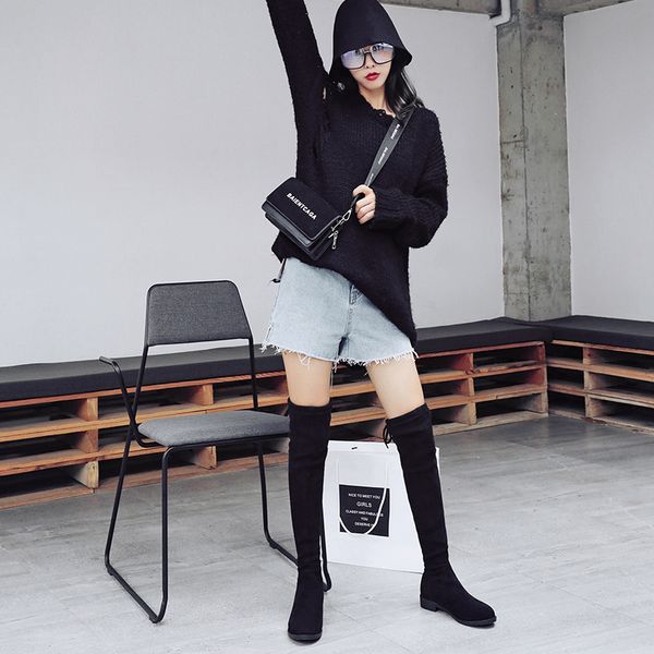 

autumn and winter bucket ring boots over knee thick legs and full size girl boots 4143 thick heel fat mm elastic bucket, Black