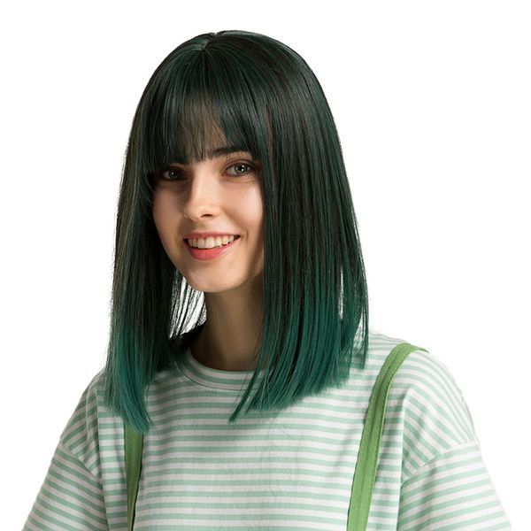 

15 inches long straight bob wig with flat bangs, natural looking, heat resistant hair cosplay costume wigs (dark green, Black