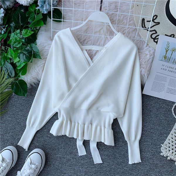 

2019 woman waist short knitted pullover solid color criss-cross batwing sleeve sweater backless, White;black