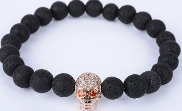 

8mm yji3 silver gold copper skull micro pave cz zircon cubic zirconia bracelet black volcanic lava stone buddha yoga bangles