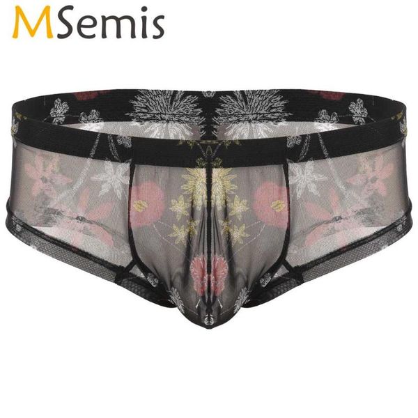 

msemis male sissy panties men gay see through sheer mesh lingerie bulge pouch flower printed briefs underwear sleepwear, Black;white