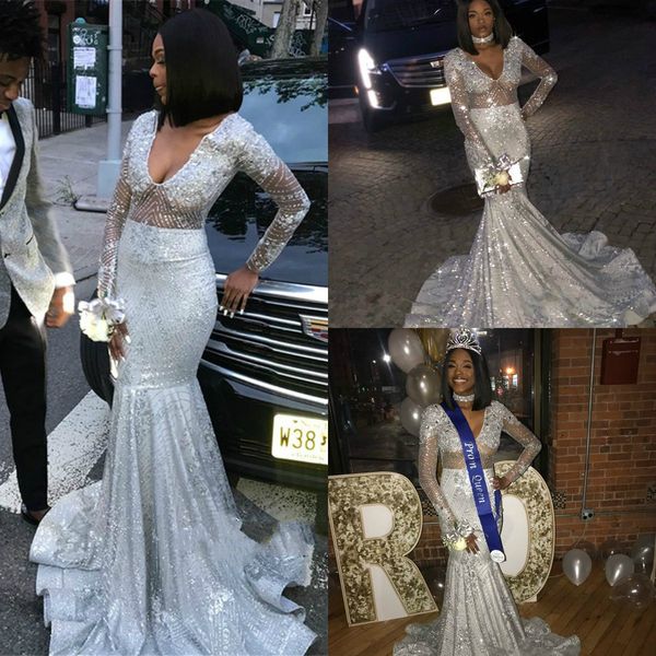 

2019 sparkly silver mermaid prom dresses appliqued sequins long sleeve african evening dress sweep train v neck illusion formal party gown, Black;red