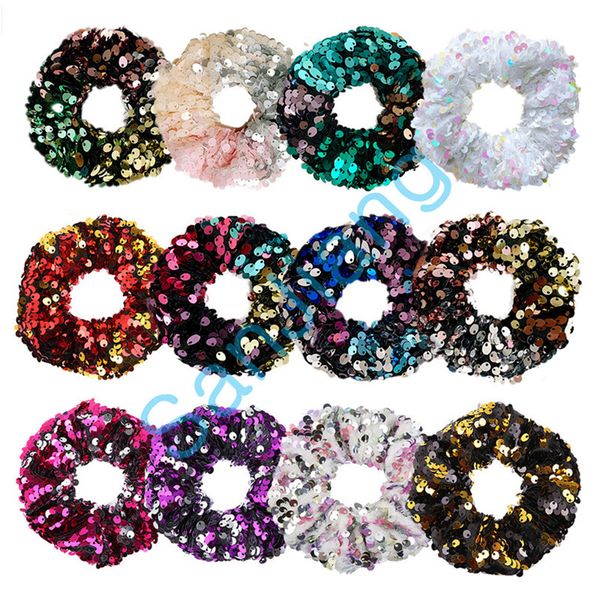 

women reversible hair rope shiny sequins scrunchies glitter hair ties ponytail holders baby girls dance elastic hairbands applique fastd3905, Slivery;white