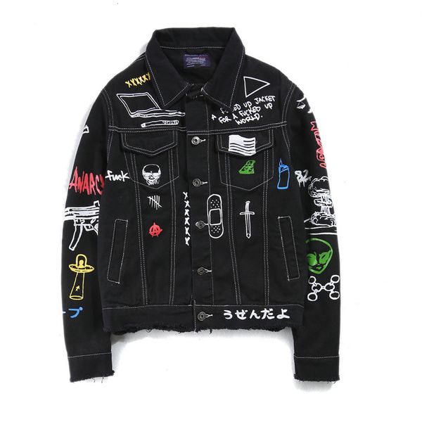 

mens jeans jackets men streets doodle designer denim coat male motorbike jeans coat jackets men clothing wholesale m-2xl, Black;brown