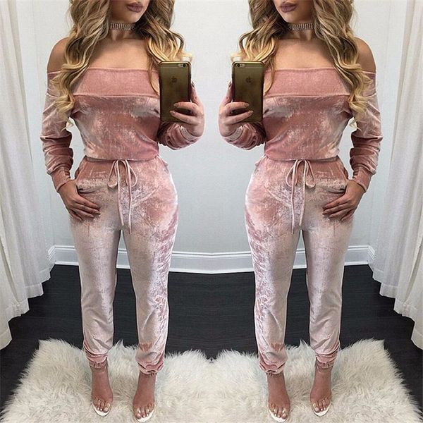 

summer velvet jumpsuit women 2 piece jumpsuit set nightclub slash neck off shoulder long sleeve playsuits pink rompers pink s-xl, Black;white