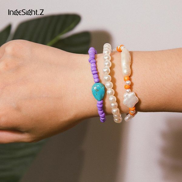 

ingesight.z 3pcs/lot bohemian imitation pearl star bracelets bangles charm adjustable natural stone bracelet for women jewelry, Golden;silver
