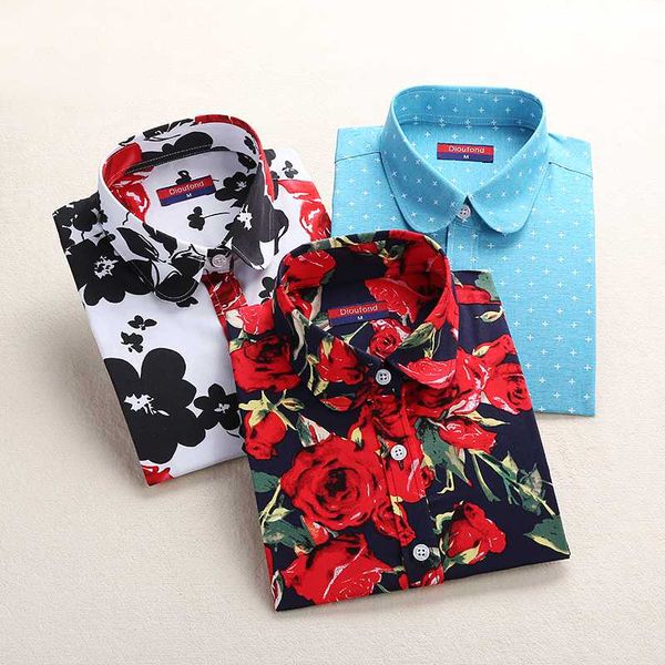 

dioufond new women print blouses 2017 cotton floral ladies long sleeve blusas femininas plus size women clothing fashion, White