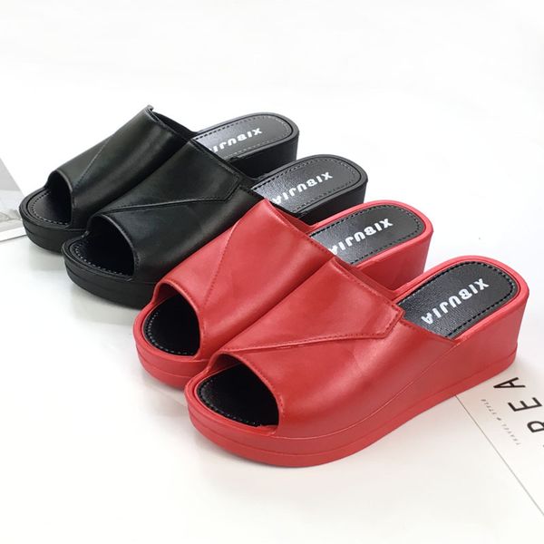 

summer fashion solid wedges slippers women open toe outside med ladies platform slides casual platform beach shoes, Black