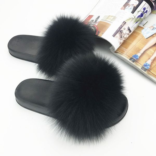 

real raccoon fur slippers women 2018 sliders casual fox hair flat fluffy fashion home summer big size 45 furry flip flops shoes, Black