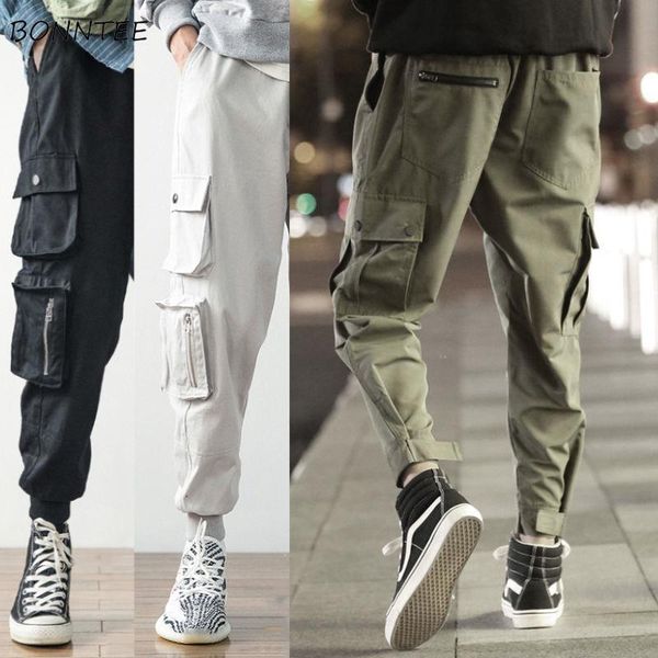 

men pants cargo trousers with pockets drawstrings adjustable ankle-length pant handsome cool summer oversized korean style chic, Black