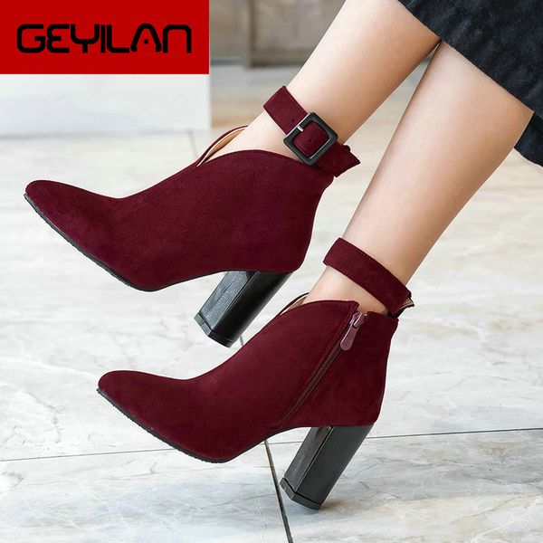 

black women ankle boots green wine red fashion zipper boots women square high heel pointed toe with buckle autumn winter
