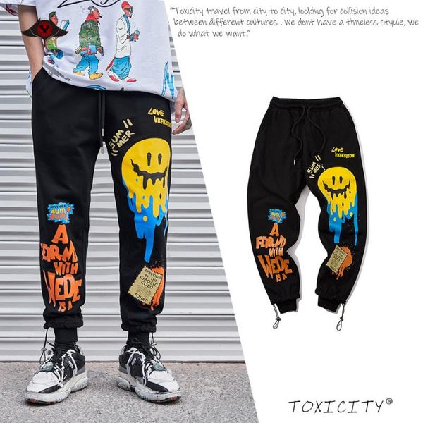 

2020 hip hop streetwear graffiti smile face joggers pants harajuku lover 3d print cargo pants swear men jogger, Black