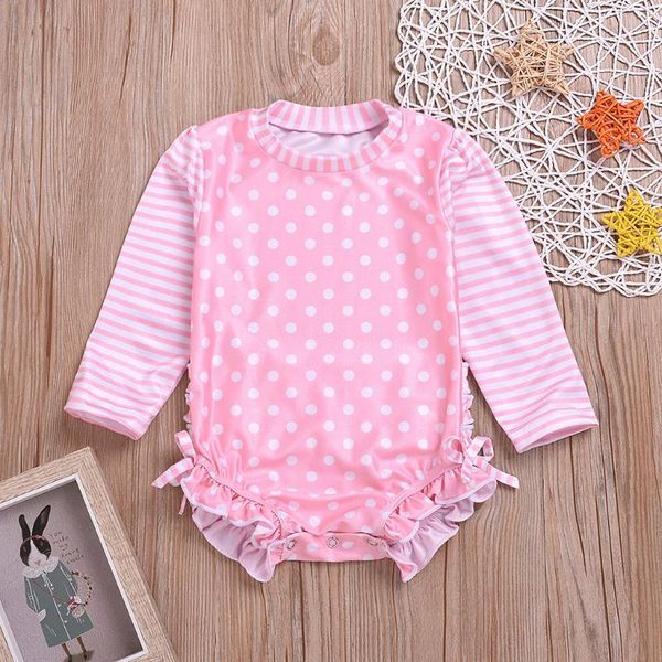 

wave stripe kids baby girl beachwear ruffled dot striped swimsuit set long sleeved body sun protection swimwear bikini pink