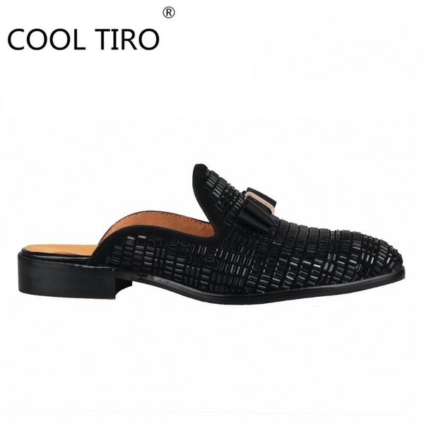 

slippers black suede leather rhinestones men's slides slip-on dress backless loafers open-back bow tie shoes casual men