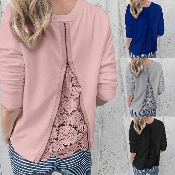 

womens o-neck long sleeve lace patchwork sweatshirt blouse womens hoodies pullover friends sweatshirt, Black