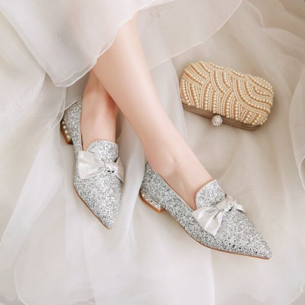 2020 Pxelena Bling Women Wedding Shoes Low Heels Silver Pink