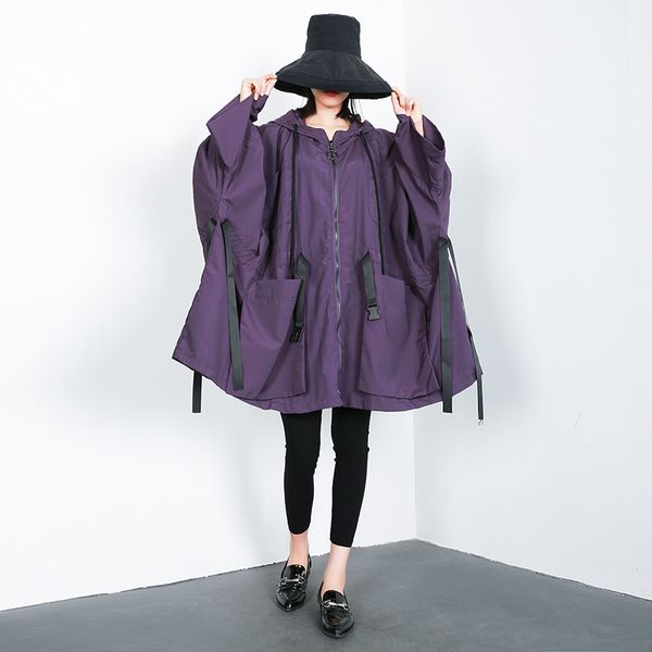 

women autumn oversized bat sleeve big pocket hooded trench coat female streetwear hip hop big size windbreaker outerwear cloak, Tan;black
