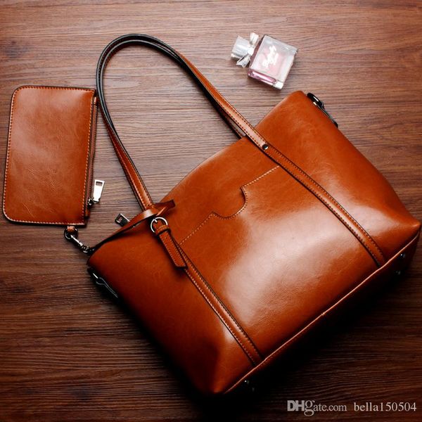 

genuine leather own brand totes with shoulder belts women casual handbags large volume middle totes 3 layers inside single shoulder bag
