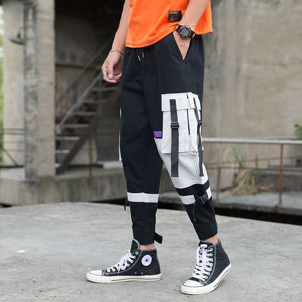 

summer casual men's pants streetwear joggers sweat pants loose pantalon hombre color block ribbon pockets camo, Black