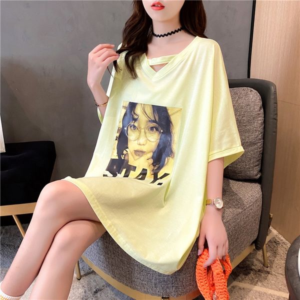 

summer coat t-shirt 2020 mid-length loose lazy style v-neck t-shirt women's mid-sleeve ins super top, White
