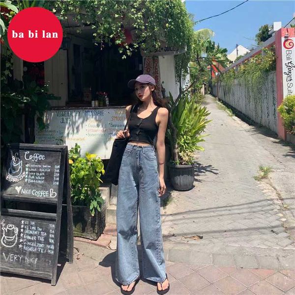 

2020 драпировка высокая талия джинсовые широкие брюки женские прямые брюки, Blue