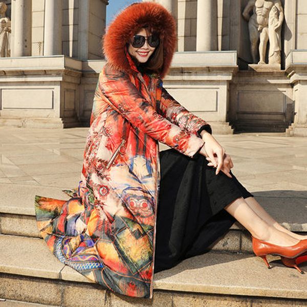 

new 2018 winter duck down jacket women hoody natural raccoon fur coat female printted long windproof parka mujer abrigos lx363, Black