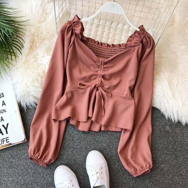 

nicemix 2020 spring autumn women long sleeve blouse v-neck drawstring tie blouses female lantern sleeve ruffles shirts short top, White
