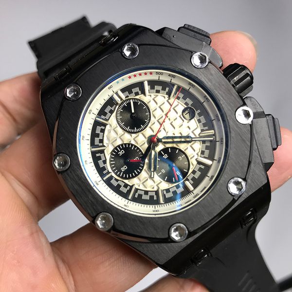 

2020 quality mens black watch iced out quartz watches chronograph function works well royal a-p style oak wristwatches, Slivery;brown