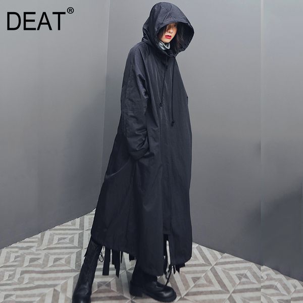 

deat] women trench new hooded long sleeve solid color brief zipper long loose fit windbreaker fashion autumn winter 2019 13d772, Tan;black