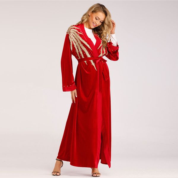 

factory price muslim women velvet kimono s-2xl plus size middle east women solid color open abaya, Red
