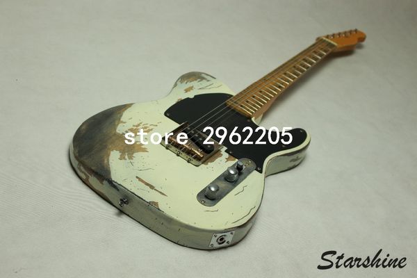 

handwork heavy aged relic electric guitar with ash body in white color, aged guitar parts, brass saddle bridge