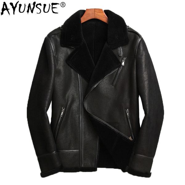 

ayunsue mens sheepskin coat genuine leather jacket men winter sheep shearling jacket real fur coat chaqueta l17-902 kj1301, Black