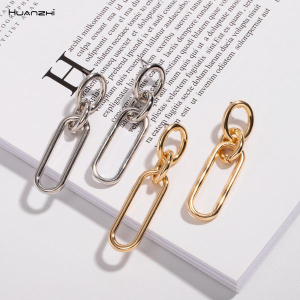 

huanzhi 2019 korea new fashion chain retro minimalist splice gold metal drop earrings for women girls party travel jewelry, Silver