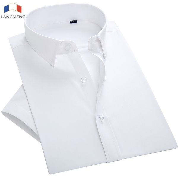 

langmeng plus size 7xl men shirt short sleeve solid color work shirts mens social dress shirts white male formal business shirt, White;black