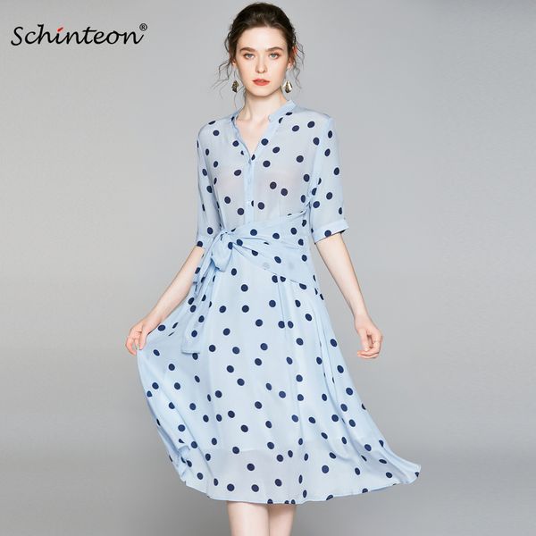 

schinteon 100% real silk polka dot dress v-neck collar half sleeved elegant loose long print dresses for women 2020 summer, White;black