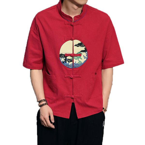 

2019 men shirts male cotton linen shirt men short sleeve mandarin collar chinses traditional button frog printing shirts, White;black