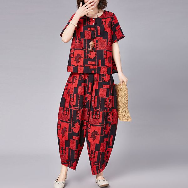 

2019 new casual wild england retro style fashion simple women's loose cotton short-sleeved harem pants large size two-piece #40, White