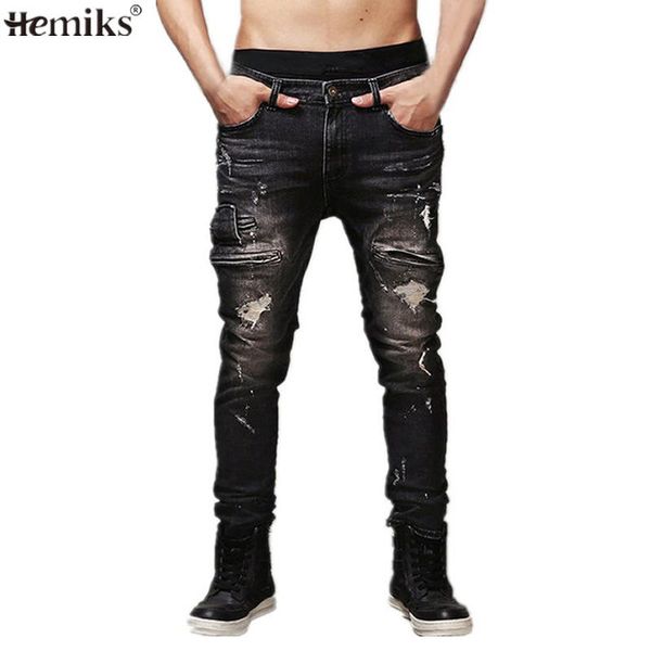 

wholesale-hemiks mens ripped biker jeans 100% cotton black slim fit motorcycle jeans men vintage distressed denim jeans pant, Blue